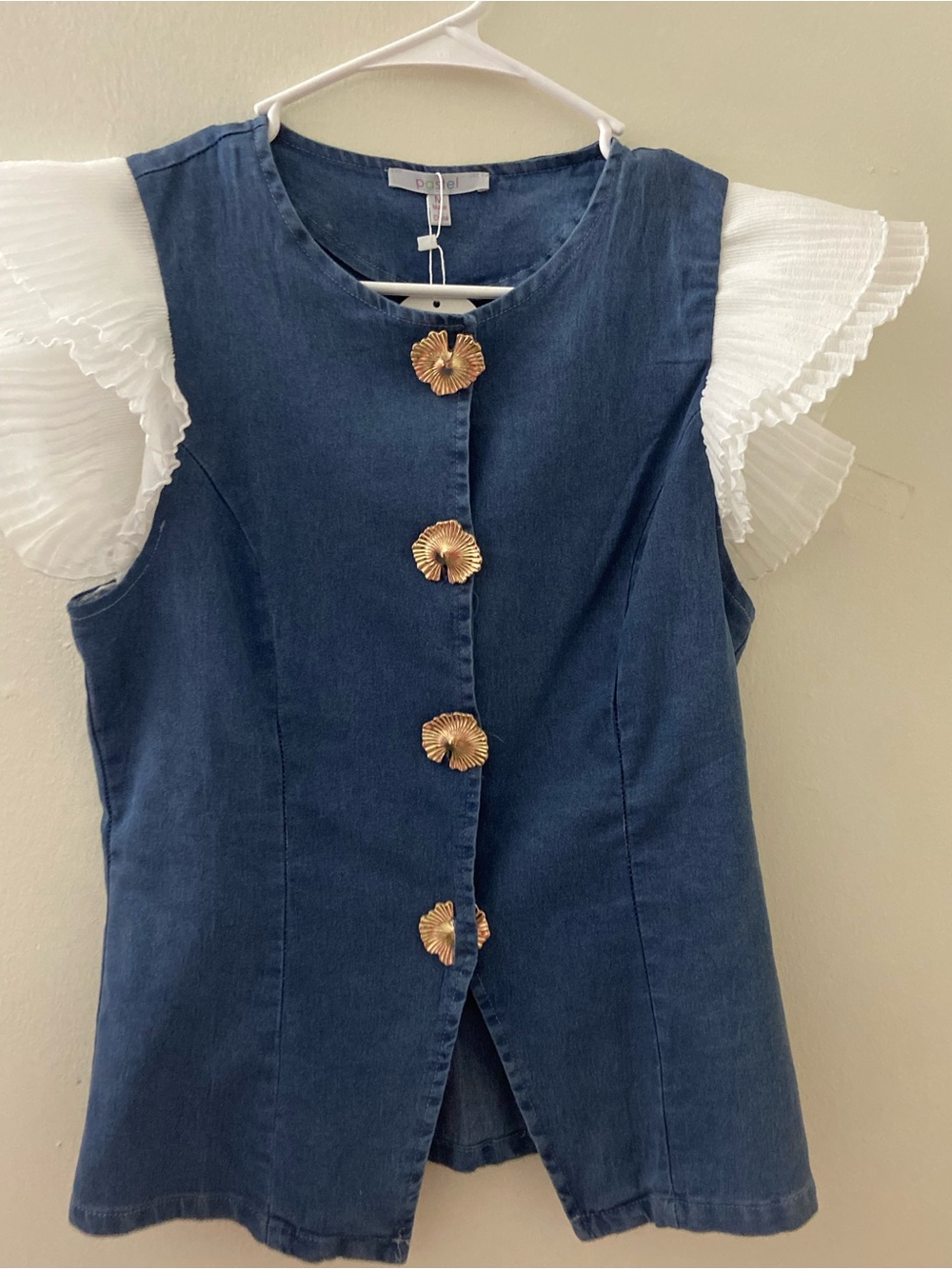 Pastels Blue Women Jeans Top with Gold Accent
